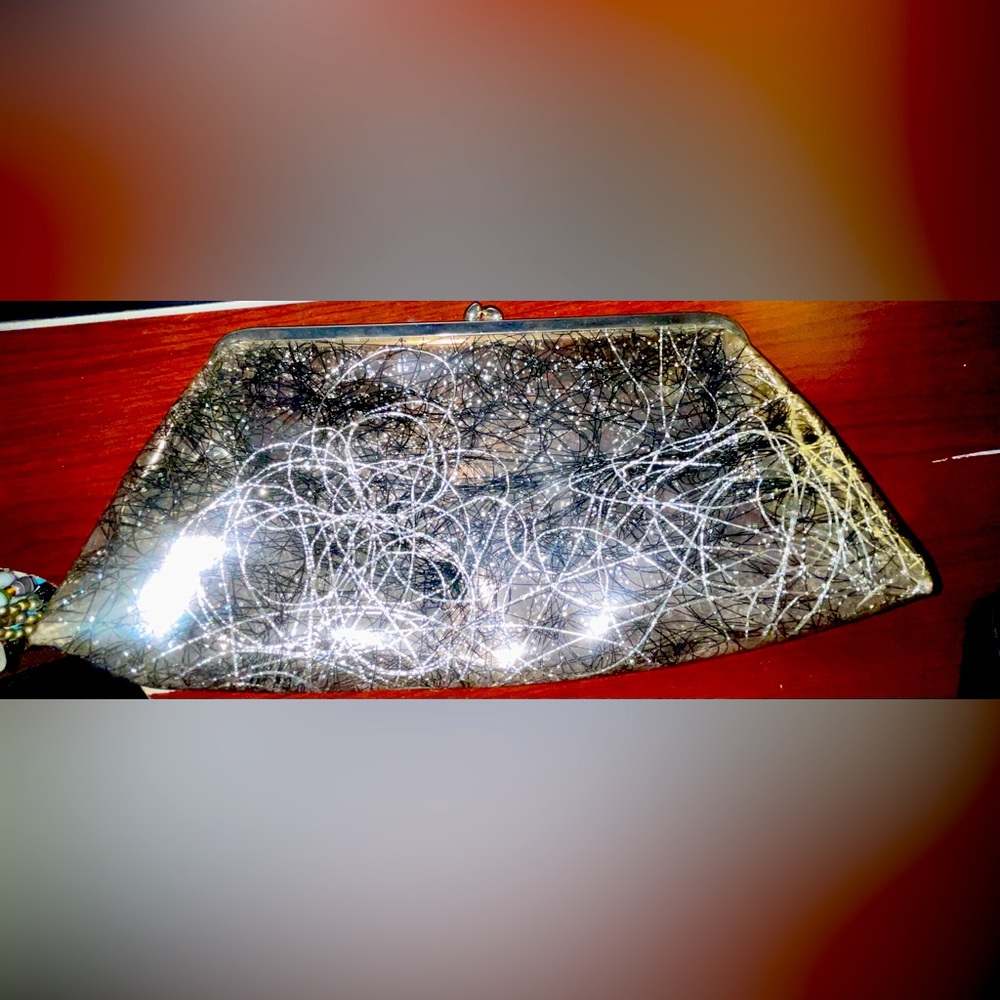 Vintage See Thru Black & White Paint Splatter Clear Clutch with Kiss Lock.